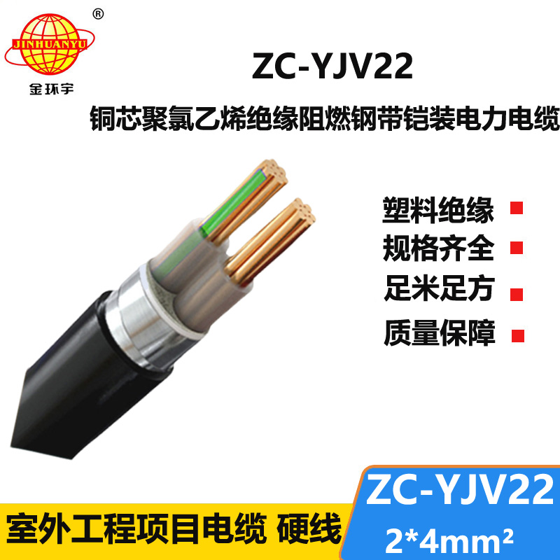 金环宇电缆 c级阻燃电缆ZC-YJV22 2X4平方 深圳铠装电缆报价