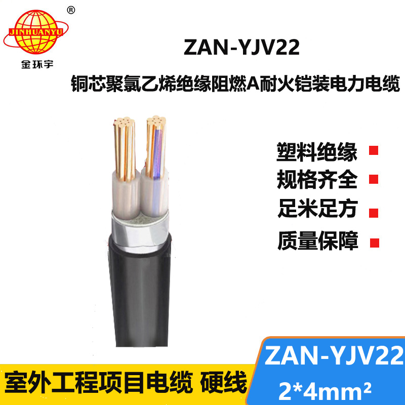 金环宇电线电缆 阻燃耐火铠装电缆ZAN-YJV22-2X4平方 电力电缆yjv22