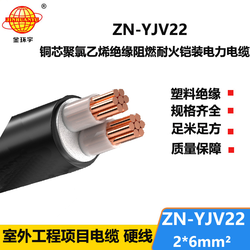 金环宇电缆 阻燃耐火电线电缆yjv22铠装电力电缆ZN-YJV22-2X6  足米